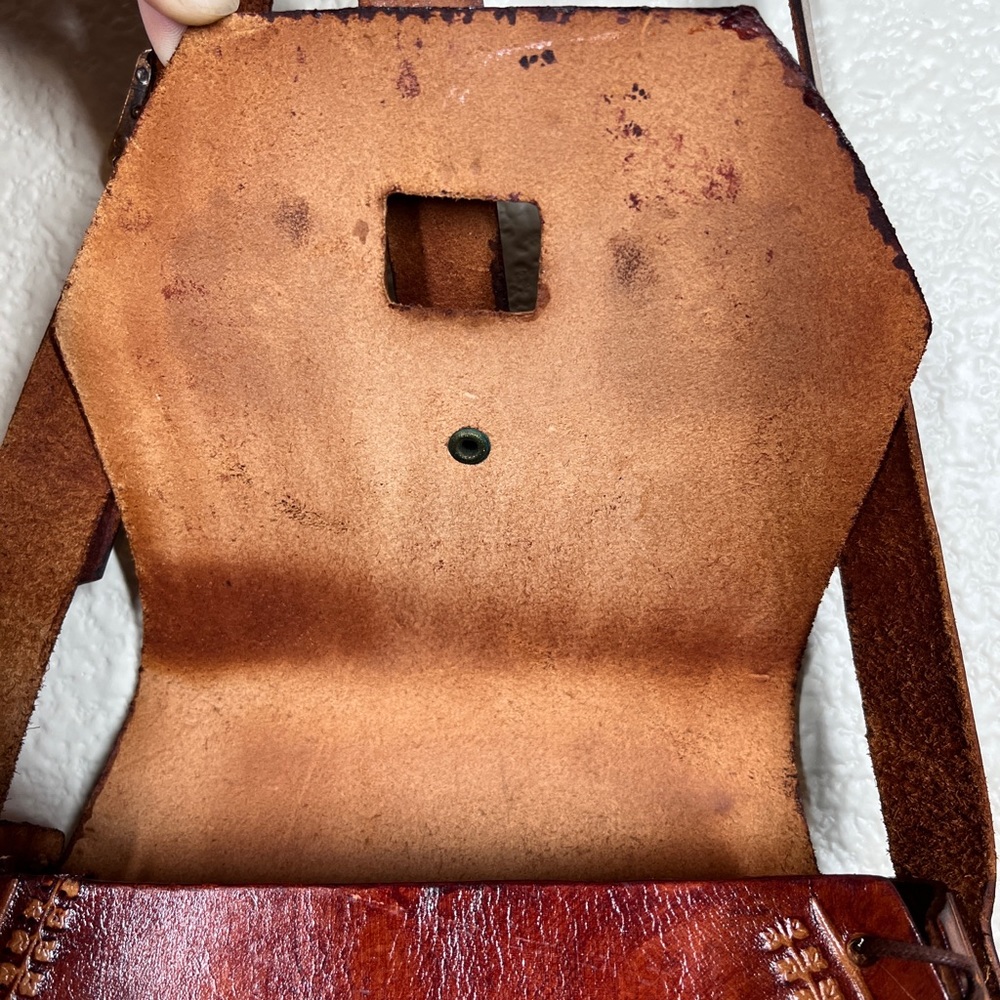 Vintage 70’s Genuine Leather Stitched Embossed Crossbody Bag Mexican Boho - Picture 10 of 11